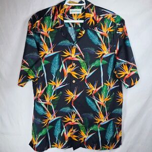 Caribbean Bird of Paradise Hawaiian Shirt Men's Medium Black Floral RN 58909